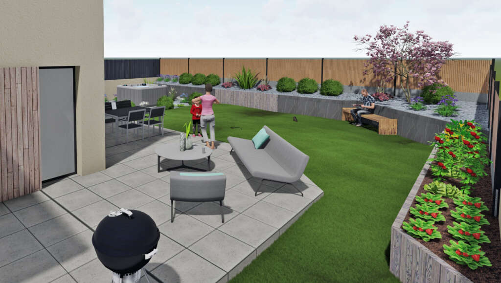 Projet d'aménagement extérieur sur plan 3D pour une maison à Argentré du Plessis: SPA, retenue de terre en Azobé et Ardoise, clôture grillage rigide avec plaque sous bassement et kit occultant bois et PVC, terrasse céramique 60x60 gris unis, plateau de massif, banc en bois.