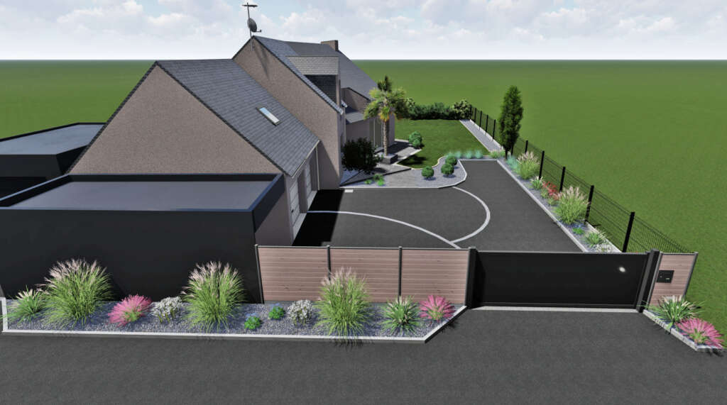 Projet d'aménagement extérieur sur plan 3D pour une maison de campagne à Saint Aubin des Landes: Clôture composite et grillage rigide, portail coulissant en aluminium, cours carrossable en bitume noir, décors en chaînette pavé gris, allée pavé gris nuancé, massif paillage d'ardoise.