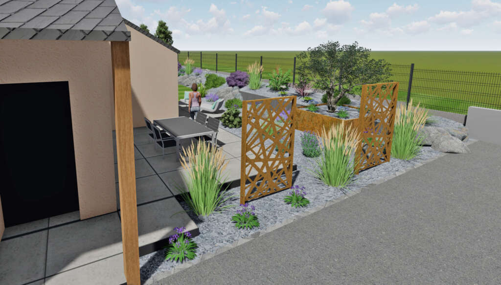 Projet d'aménagement extérieur sur plan 3D pour une maison à Louvigne de Bais: Terrasse céramique 1x1m gris unis, jupe aluminium anthracite, grillage rigide avec plaque de sousbassement béton en décroché, Claustras en acier corten, bac acier corten, blocs roches, retenue de terre en ardoise, paillage ardoise.