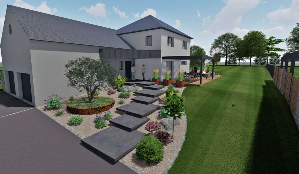 Projet d'aménagement extérieur sur plan 3D pour une maison moderne à Saint Pierre la Cours: escalier suspendu en béton coloris anthracite, murs de soutenement en acier corten, Bac en acier corten, terrasse bois avec intégration d'un partie en céramique, pergolas en aluminium, bitume noir et chaînette gris, paillage minéral, Olivier.