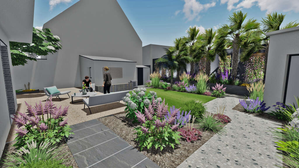 Projet d'aménagement extérieur sur plan 3D pour une maison neuve à Vitré: Terrasse et allée en béton désactivé,, pas japonais en ardoise, retenue de terre en ardoise, bac en Azobé, ganivelles avec plantes grimpantes, massif ambiance naturel avec écorce de pin, palmier.