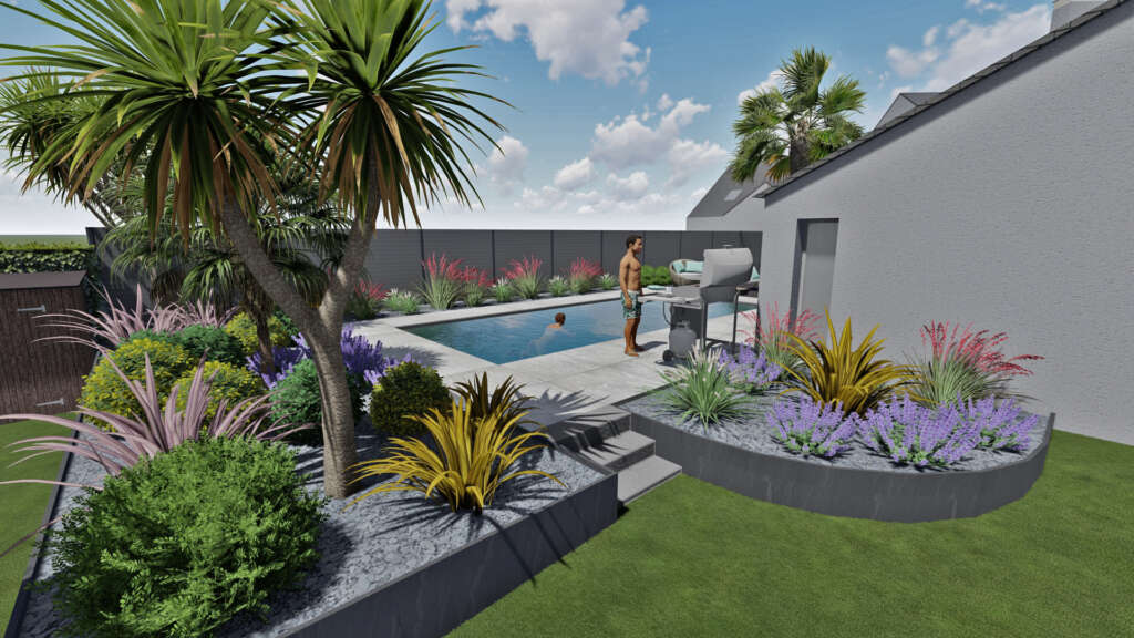 Projet d'aménagement extérieur sur plan 3D pour une maison moderne à Vitré: Piscine intégré dans une terrasse céramique format 1x1m ton pierre, escalier en bloc marche béton, retenue de terre en palis d'ardoise, massif toute autour de la zone pour créer un espace.
