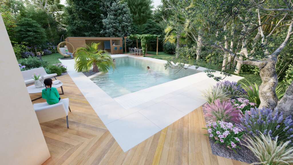 Projet d'aménagement extérieur sur plan 3D pour une maison de campagne à Vitré: Piscine volet roulant, margel en céramique, terrasse bois exotique pose chevron, local piscine bois, pergola bois avec plante grimpante.