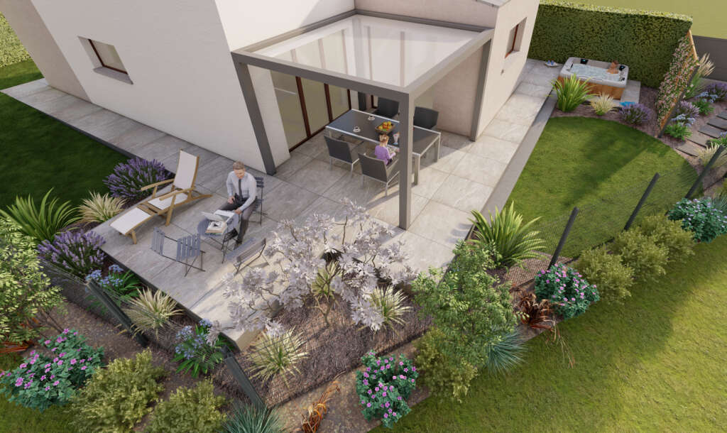 Projet d'aménagement extérieur sur plan 3D pour une maison moderne à Vitré: Coin SPA, terrasse grès cérame gris effet pierre, pergolas aluminium, pas japonais en ardoise,clôture grillage rigide.