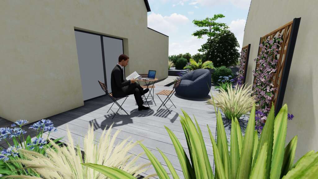 Projet d'aménagement extérieur sur plan 3D pour une maison à Vitré: Terrasse composite grise, clautras bois avec plante grimpante.