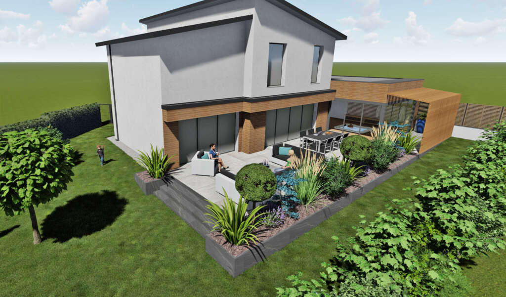 Projet d'aménagement extérieur sur plan 3D pour une maison moderne à Changé: Retenue de terre et escalier en ardoise, massif en bac avec paillage écorce de pin.